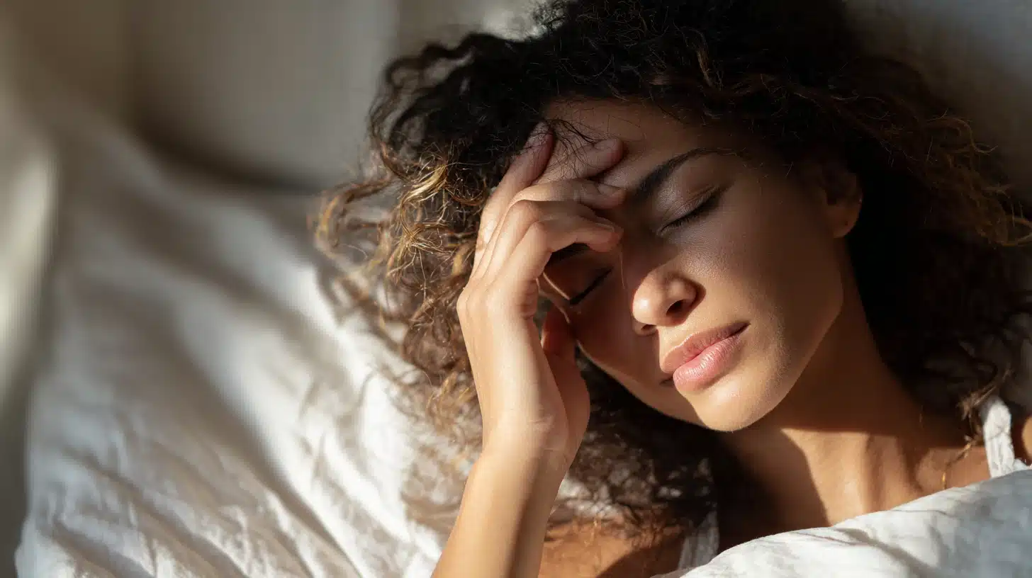 Frau mit Migräne liegt im Bett und hält sich die Stirn
