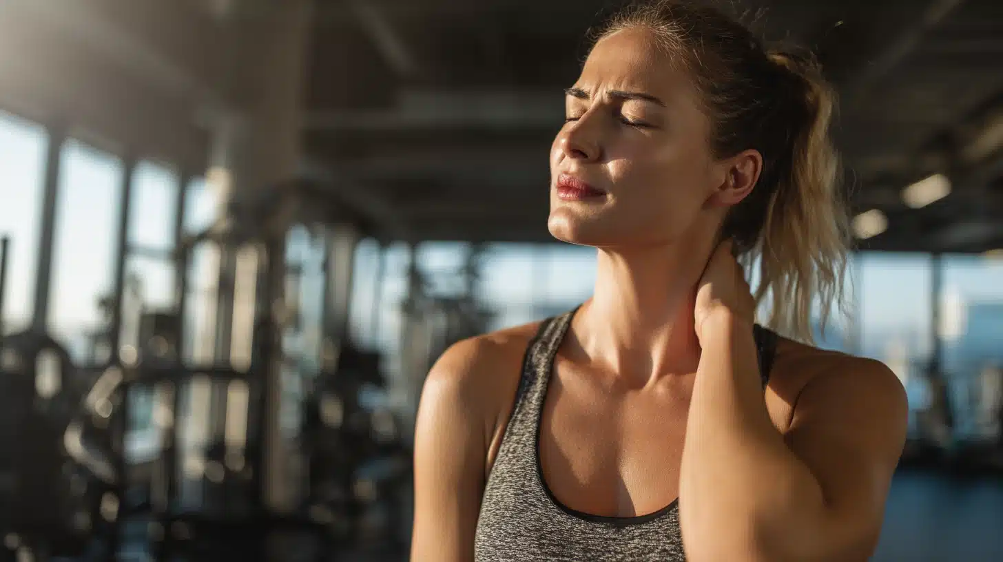 Frau mit Nackenschmerzen im Fitness Studio