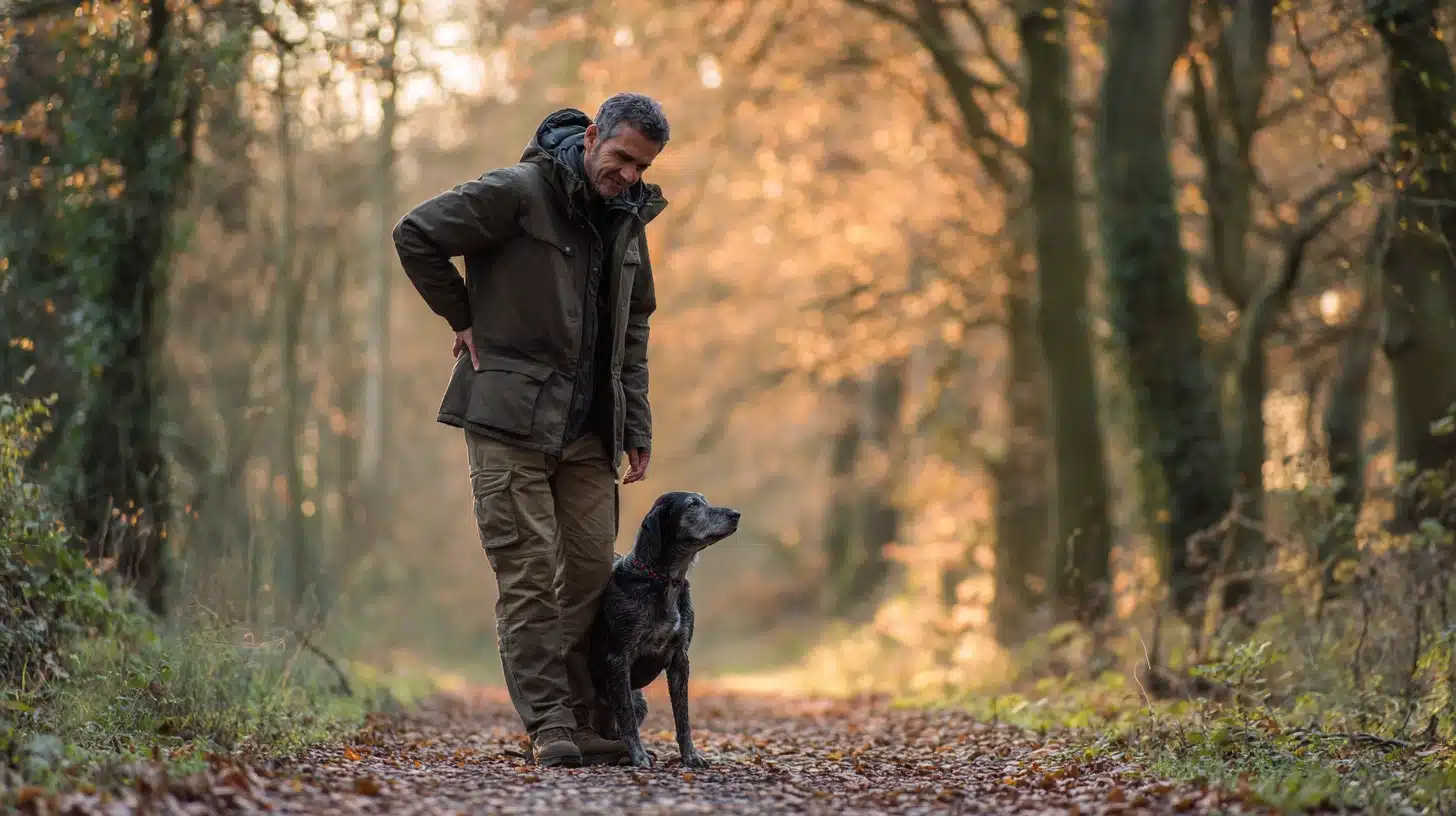 Mann mit Hund im Wald, der Mann hält sich den Rücken, er hat Schmerzen